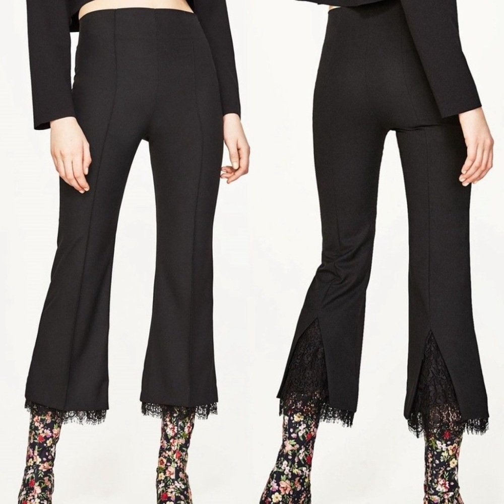 ZARA NWT Lace Tiered High Rise Cropped Flare Pants with Side Zipper